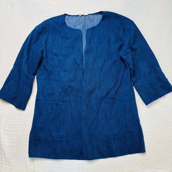 Eileen Fisher Blue open front kimono jacket round neck textured - Picture 4 of 8